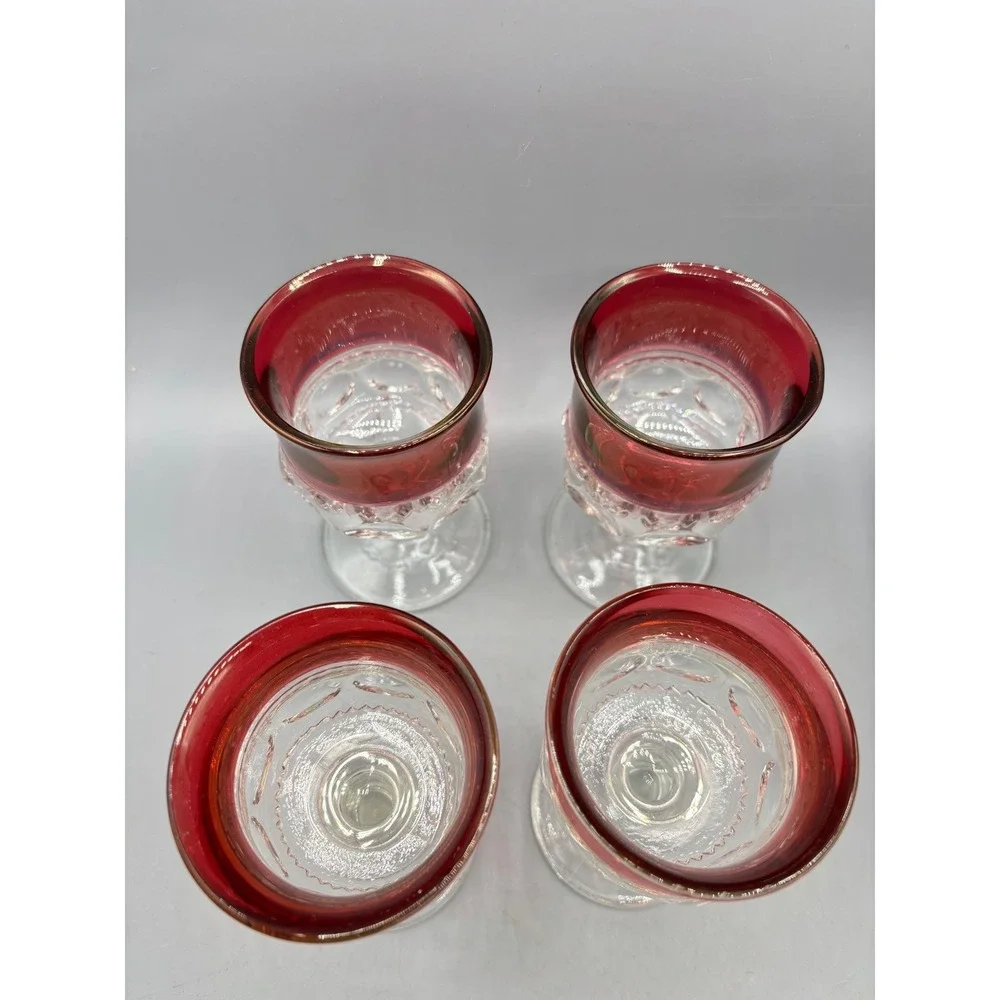 Vtg 4 Pc Ruby Red Flashed Glass Cordial Goblets Kings Crown‎ Stem Bar Ware